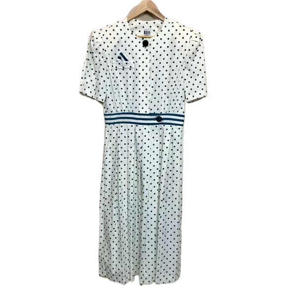 REO Originals Vintage 80s Preppy Short Sleeve Pleated Green Polka Dot Dress 12 - Picture 2 of 14